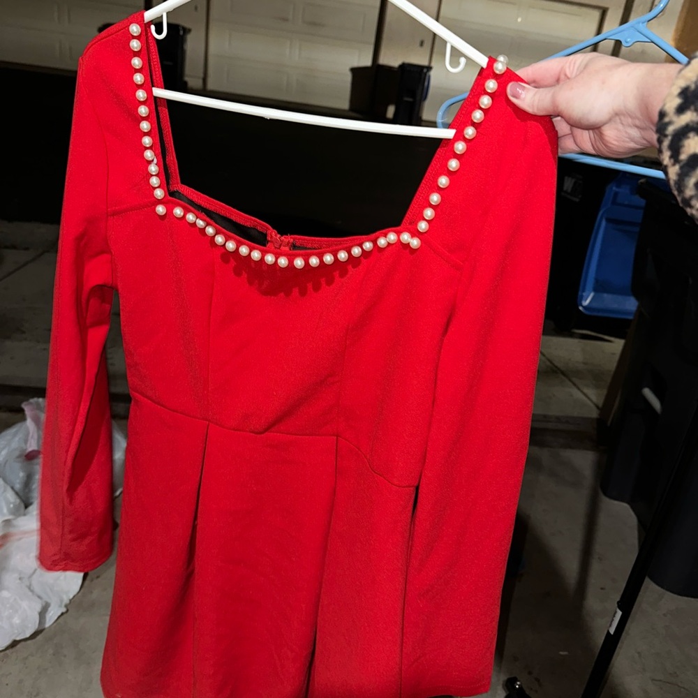 Red Dress with Pearl Accents